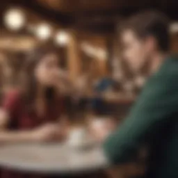 A concerned partner observing a couple at a café, reflecting on trust issues.
