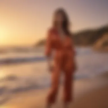 Stylish jumpsuit against picturesque beach sunset