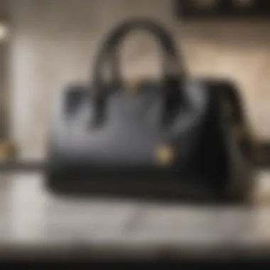 Minimalist black leather handbag with gold accents on a marble countertop