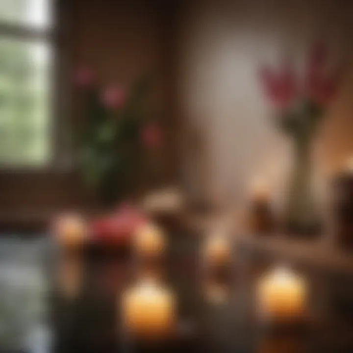 Relaxing spa environment with candles and flowers