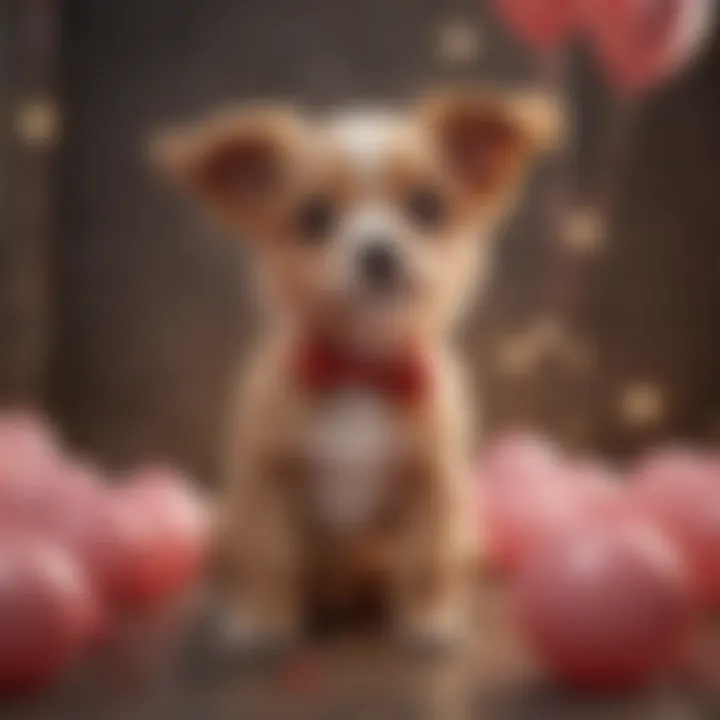 Cute puppy in a playful stance amidst scattered heart-shaped balloons