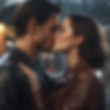 Cinematic still of a couple sharing a passionate kiss in the rain