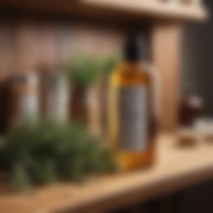 Rosemary hair care products on a wooden shelf