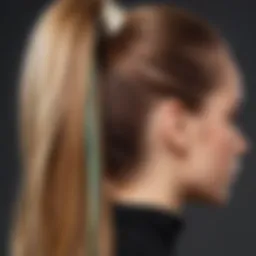 A close-up of a stylish rubber band ponytail showcasing a sleek finish and vibrant hair color.