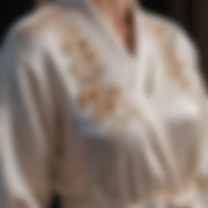 Close-up of satin robe pockets with delicate embroidery