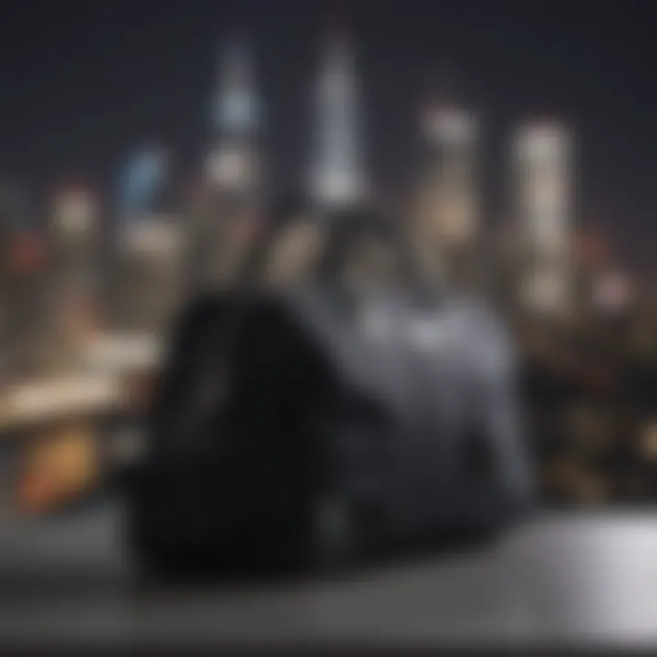 Sleek and minimalist black canvas weekend travel bag against city skyline