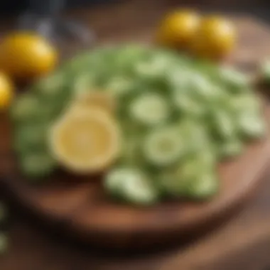 Sliced cucumbers and lemons on a cutting board