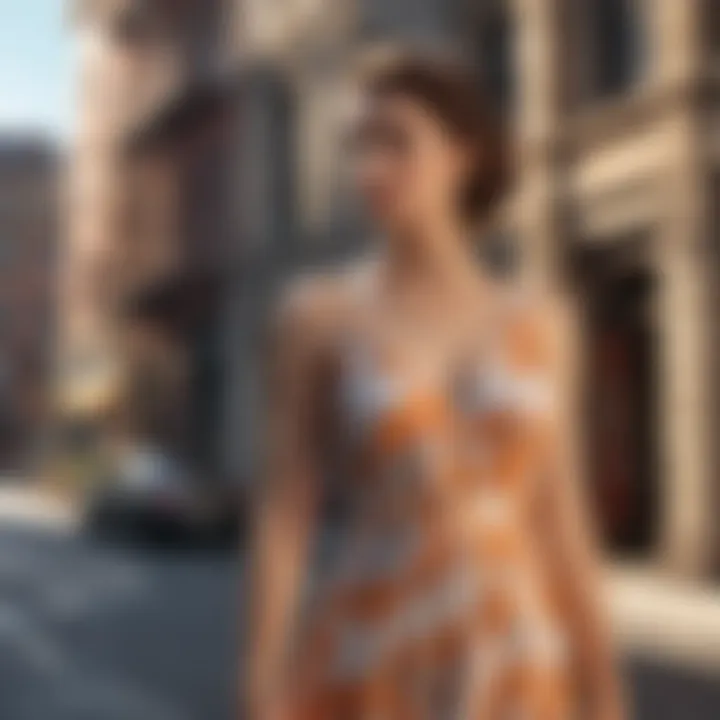 Sophisticated summer sun dress in urban cityscape backdrop