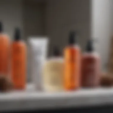 A selection of hair care products on a vanity.