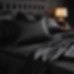 Luxurious black silk bed sheets elegantly draped on a queen-sized bed