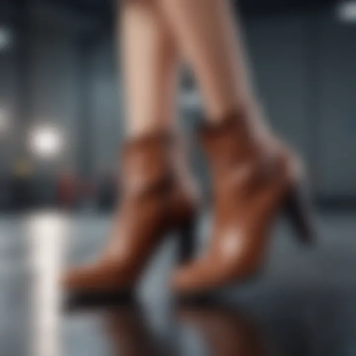 A stylish individual showcasing cute ankle boots with heel on a fashion runway.