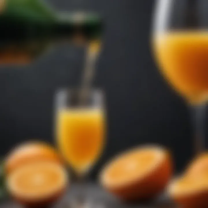 Close-up of freshly squeezed orange juice being poured into a champagne flute