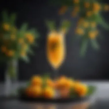 Visually Stunning Garnished Mimosa A vibrant mimosa garnished with fresh fruit and herbs, showcasing creativity