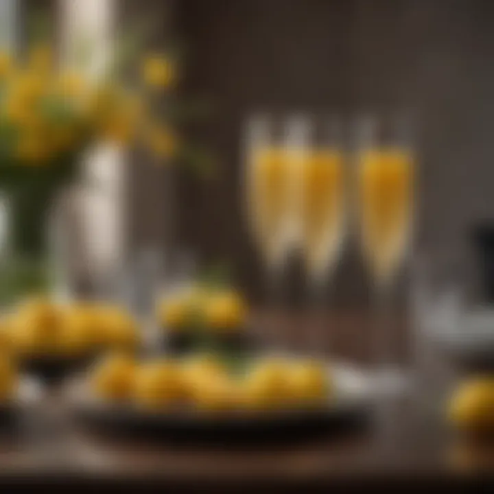 A beautifully arranged table featuring elegant champagne glasses filled with mimosa