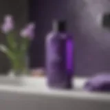 Vibrant purple shampoo sitting on a stylish bathroom shelf