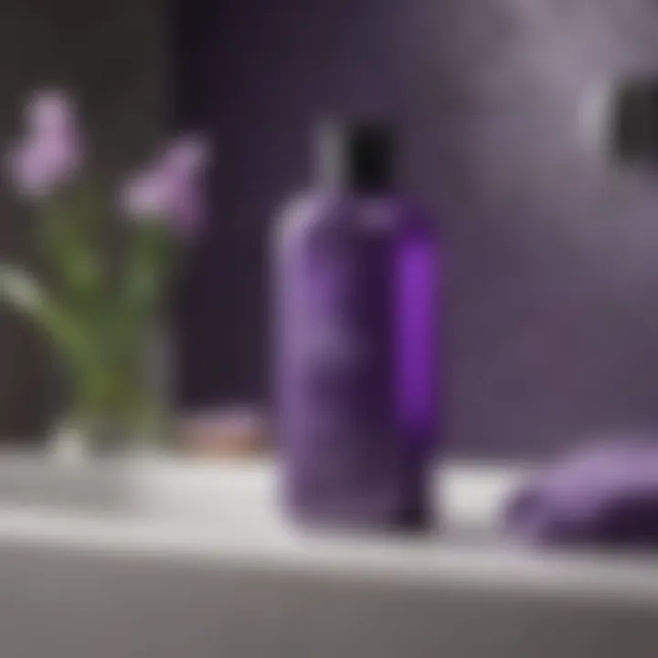 Vibrant purple shampoo sitting on a stylish bathroom shelf