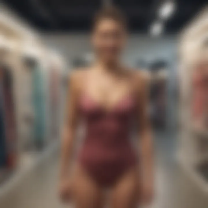 A woman smiling while trying on a swimsuit in a boutique