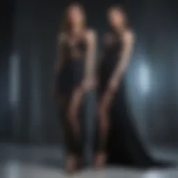 Elegant pairing of sheer leggings with a flowing evening dress