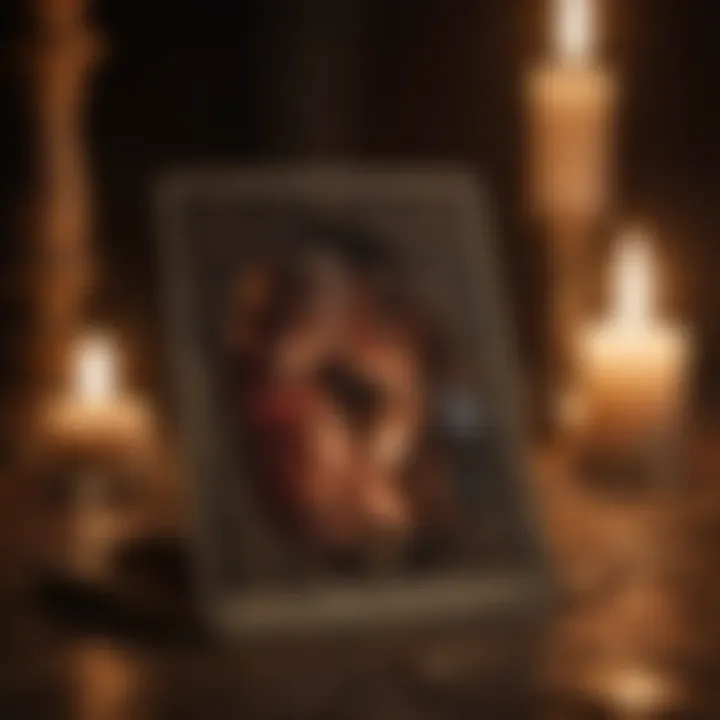 Close-up of the Lovers tarot card illuminated by candlelight