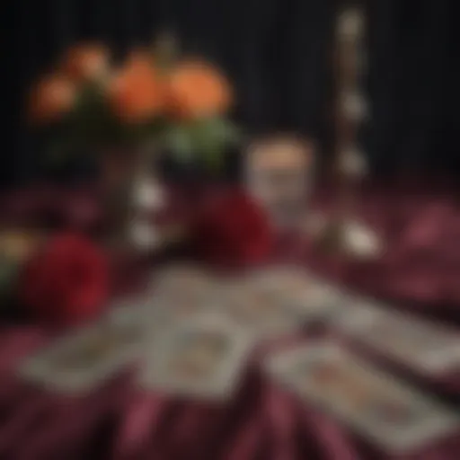 Tarot cards spread on a velvet cloth with roses