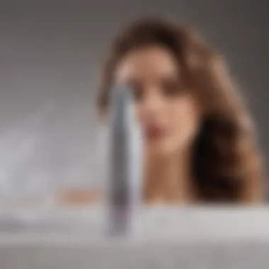 Close-up of spray gel bottle with wavy hair in the background