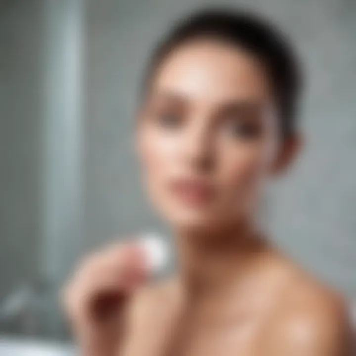 A model applying toner with a cotton pad in a bright, elegant bathroom