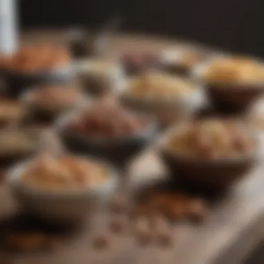 An assortment of nuts and seeds in small bowls with a rustic backdrop