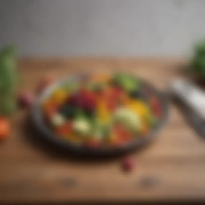 A plate filled with colorful vegetables and fruits on a wooden table