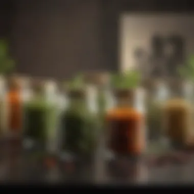 Various herbs and spices neatly arranged in glass jars