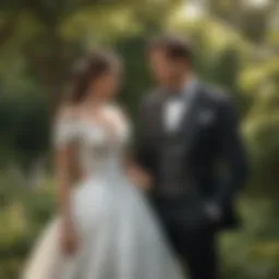 Elegant couple in a lush garden, showcasing romantic attire