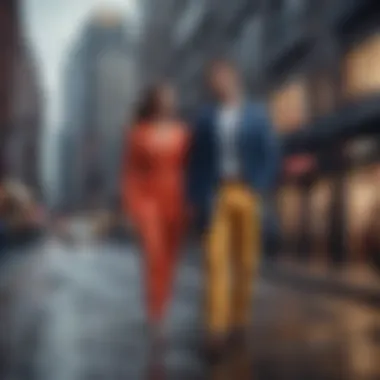 Couple in coordinated outfits against an urban backdrop, reflecting modern style