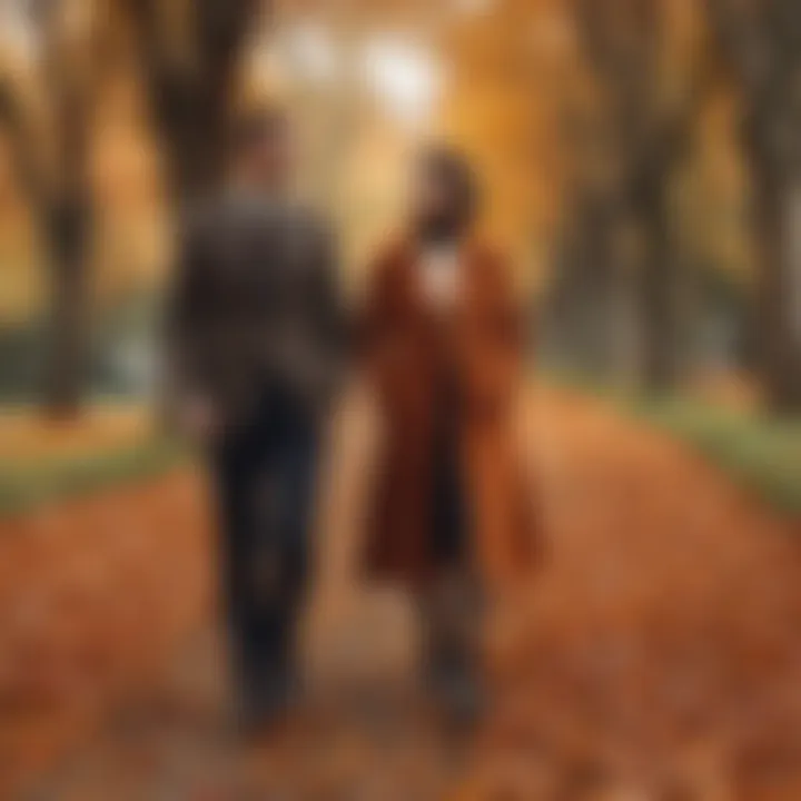 Couple in vintage-inspired attire amidst autumn leaves, exuding warmth