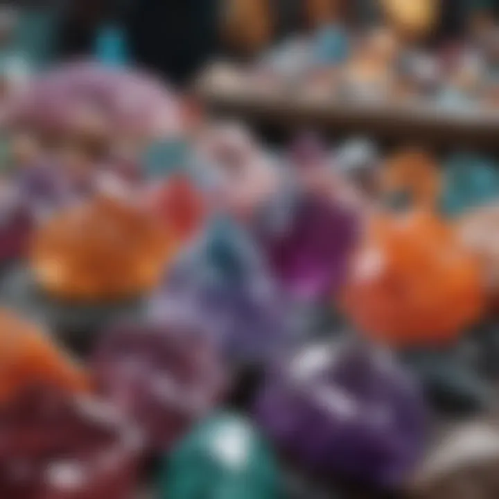 A vibrant display of various crystals and stones in a market setting